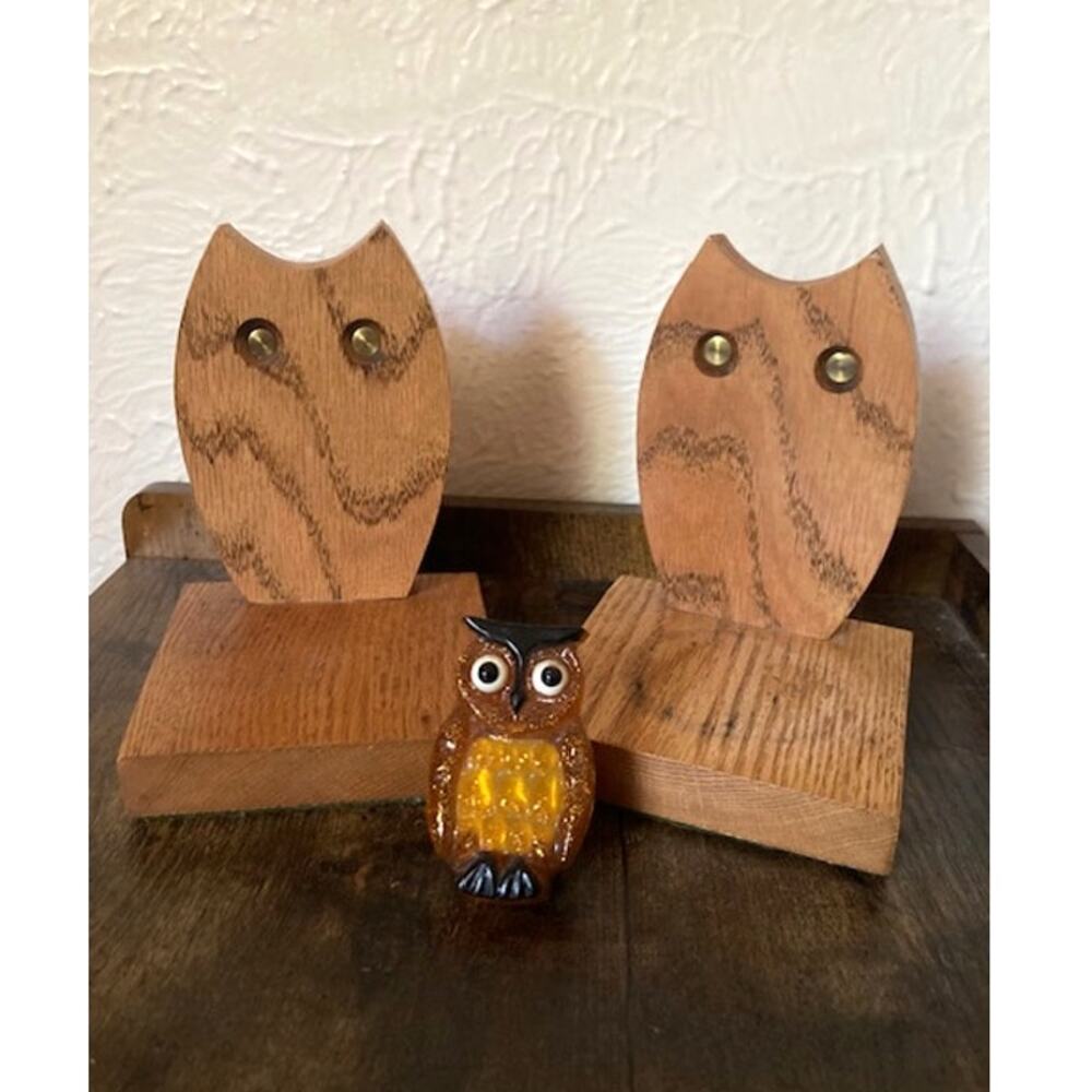1960's OWL Nightlight And Wooden Bookends - Vintage Owl Set
